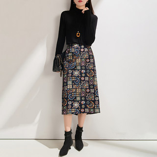 Jianman [Ethnic Style] Heavy Beaded Embroidery High-Waisted Skirt Vintage A-Line Skirt for Women Autumn and Winter