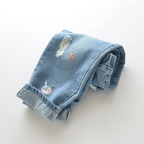Foreign trade childrens clothes girl jeans baby pants rabbit radish girl loose waist - hole jeans