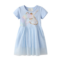 Girls pure cotton mesh splice short sleeve dress fairy bright unicorn baby princess dress Ocean Summer Dress 5