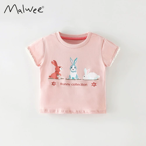 Хлопковая летняя футболка с коротким рукавом, летняя одежда для отдыха, мультяшный кролик, европейский стиль, 5 лет
