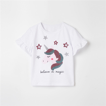 Girls are cotton short - sleeved T - shirt leaves white unicorn half - sleeved children summer dress cute simple tops 2022