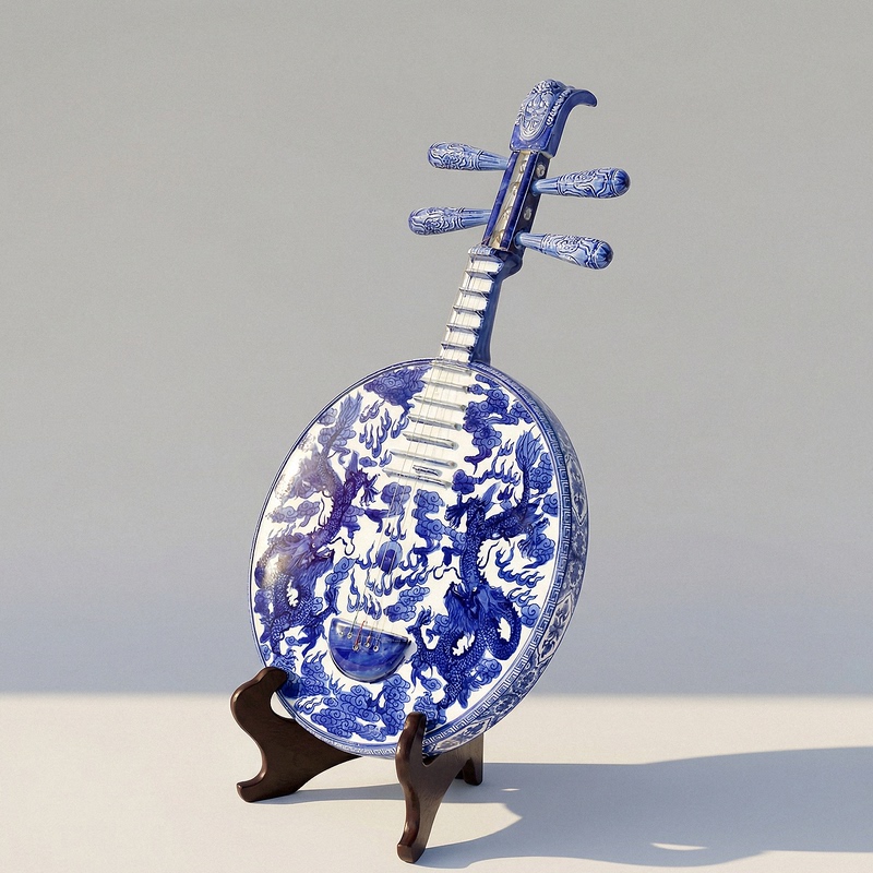 【Benny's Home】Intangible Cultural Heritage Goods: Blue and White Ceramic Zhongruan Classical Instrument, New Chinese Style Entrance Decoration Ornament