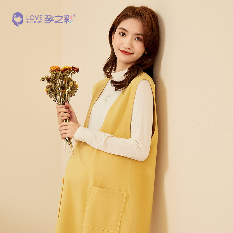 (True Two) Pregnant Pregnant Woman Skirt half high collar large V pendant with dress Spring and Autumn Pregnancy Mother to Work