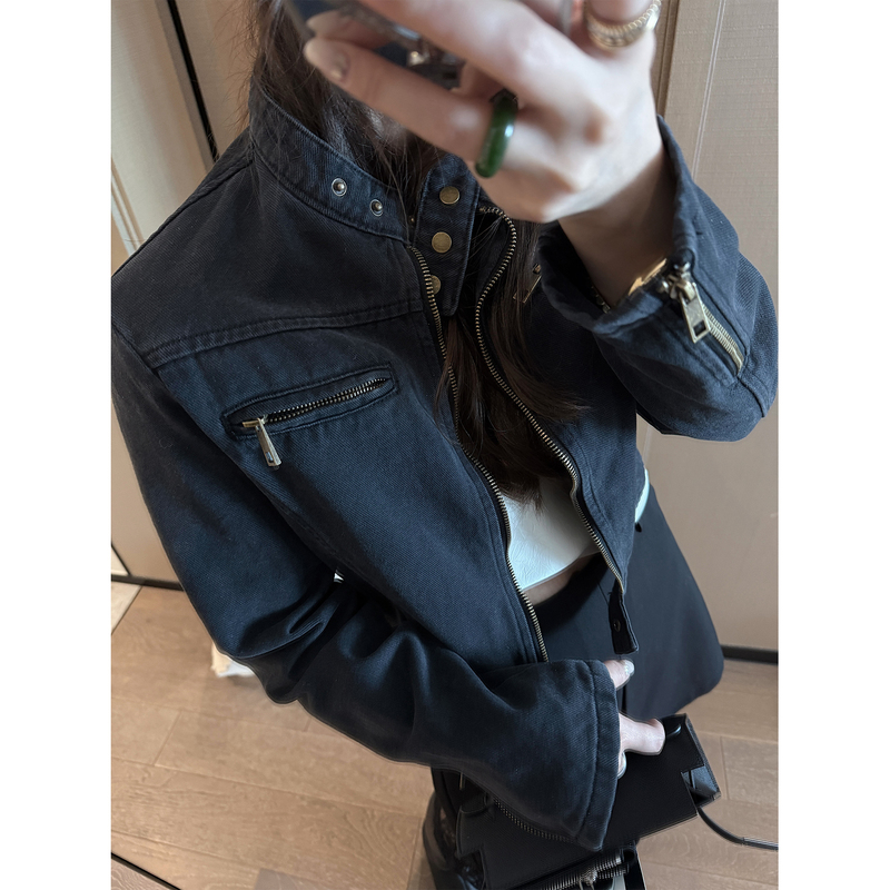 Ohlababy Retro Style Workwear Stand Collar Jacket Women's Outwear Autum Zipper Short Motorcycle Washed Denim Top