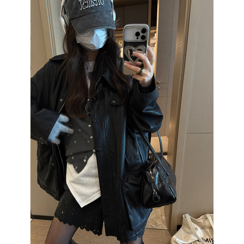 Ohlababy Retro Cool Style Pocket Leather Jacket Women's Mid-Length Autumn and Winter Lapel Loose Black Jacket