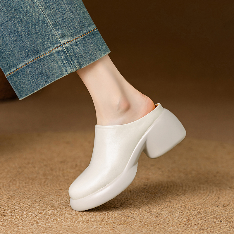 Genuine Leather Platform Toe-Cap Slippers for Women 2026 Summer New Style Waterproof Platform Thick Sole Soft Sole Comfortable Heelless Shoes