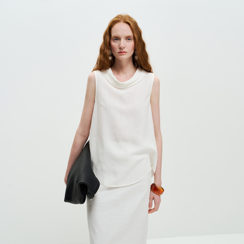 Limonn Tencel Linen Elegant Sleeveless Scoop Neck Vest White Off-Shoulder Top for Women Summer