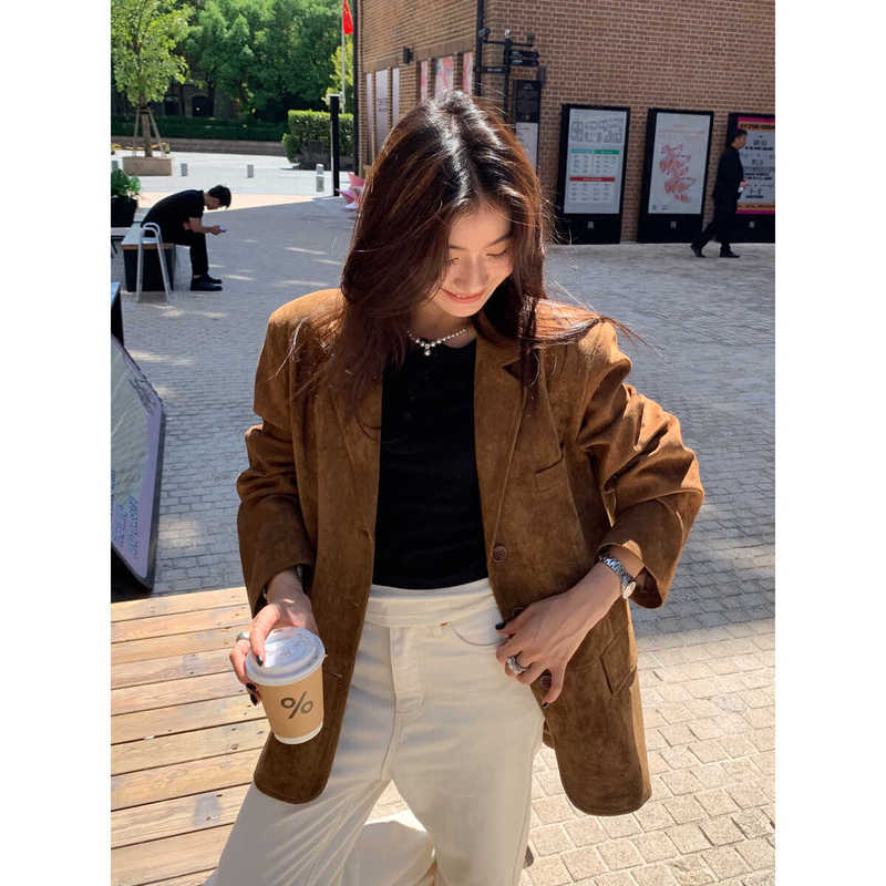 Halo Luu Melard Suede Blazer for Women Spring Korean Style Vintage Loose Casual Brown Suit