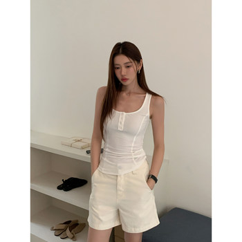 Halo luu ສີຂາວເຄິ່ງຫນຶ່ງເປີດຄໍ camisole ແມ່ຍິງ summer ໃຫມ່ແບບ slim ເຫມາະບາງໆສາມາດໃສ່ໄດ້ sleeveless