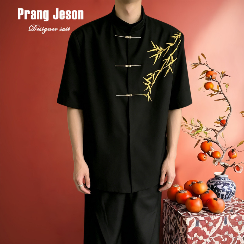 High-End 2026 Summer New Chinese-Style Gold Bamboo Embroidery Men's Short-Sleeve Shirt, Loose-Fitting Traditional Engagement Stand-Collar Shirt High-End 2026 Summer New Chinese-Style Gold Bamboo Embroidery Men's Short-Sleeve Shirt, Loose-Fitting Traditional Engagement Stand-Collar Shirt
