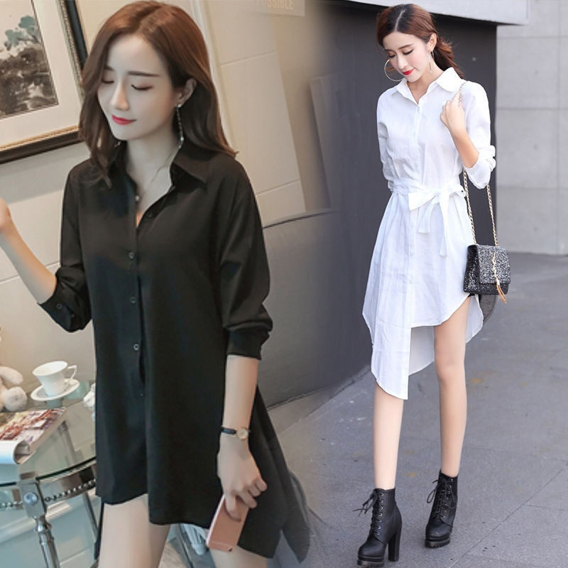 New Spring Mid-Length White Shirt, Long-Sleeved Women's Top That Covers the Buttocks, Loose-Fitting Belted Striped Elegant Shirt for Women