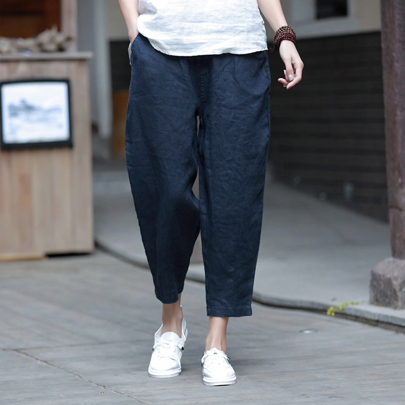 Summer retro cotton linen tai chi pants female art Harlan slack pants loose hemp meditation cropped pants small foot loo pants