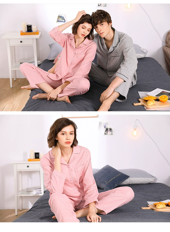 Bộ đồ ngủ cotton dài tay mùa xuân và mùa thu tiêu chuẩn Mỹ cho nam và nữ đơn giản có thể mặc bên ngoài dịch vụ cotton