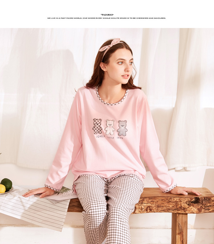 Bộ đồ ngủ cotton dài tay tiêu chuẩn mới của Mỹ và phim hoạt hình cotton mùa xuân và mùa thu cho nam có thể mặc một bộ đồ phục vụ tại nhà váy ngủ nữ