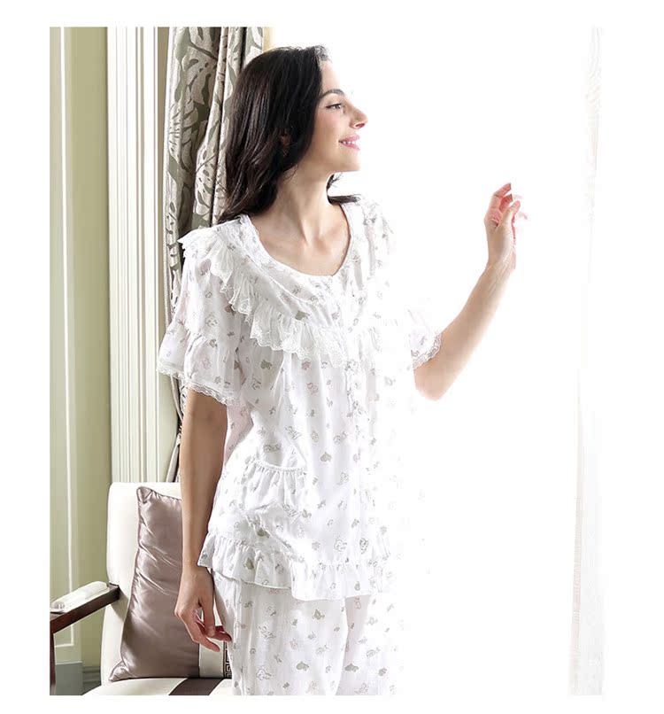 Mùa hè tiêu chuẩn Mỹ mới của phụ nữ cotton ngắn tay đồ ngủ hai mảnh phù hợp với cô gái bông ngọt ngào có thể được mặc bên ngoài dịch vụ nhà kiểu đồ bộ