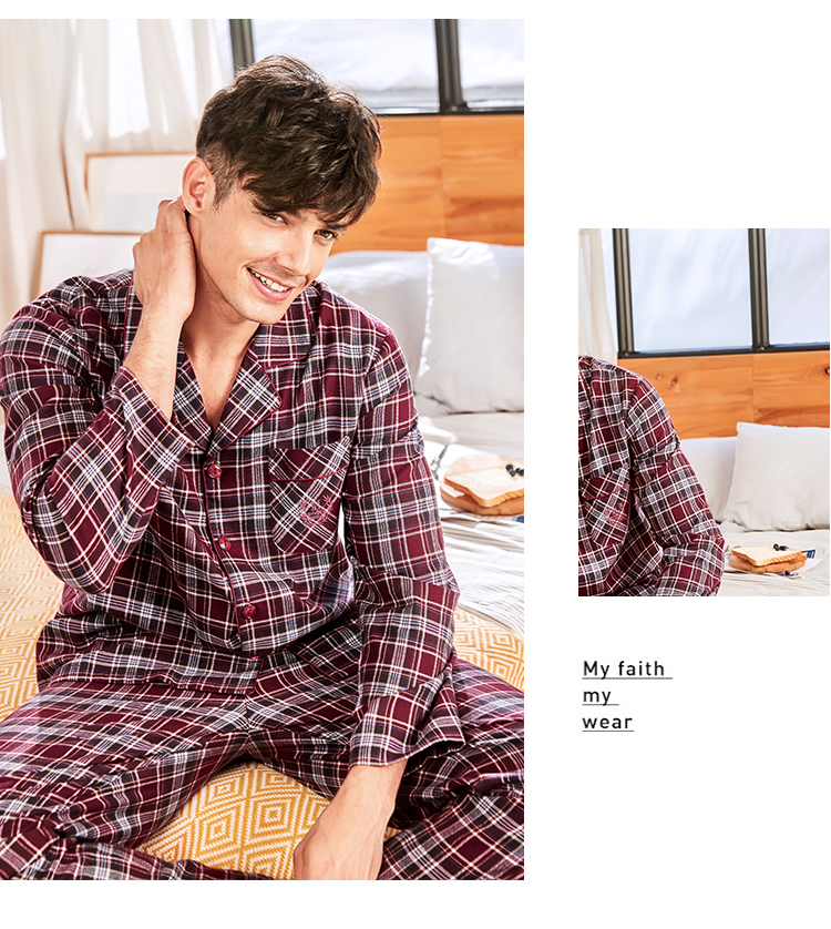 Bộ đồ ngủ cotton dài tay mùa xuân và mùa thu nam tiêu chuẩn Mỹ có thể mặc bên ngoài dịch vụ nhà kẻ sọc bằng cotton trong năm nay đồ bộ mặc nhà