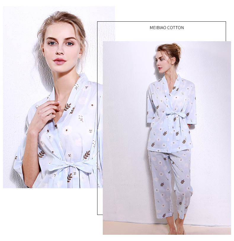 Bộ đồ ngủ mới tiêu chuẩn Mỹ 2018 cho nữ tay áo bảy điểm cotton phục vụ tại nhà cotton Nhật Bản đơn giản có thể mặc bộ đồ hai mảnh bộ pijama
