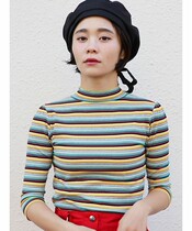  T-shirt womens spring and summer fashion all-match Pop style contrast color stripe stretch slim-fit small stand-up collar 7-point sleeve top