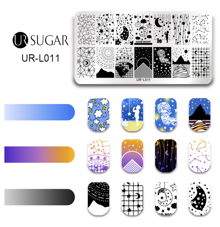 UR SUGAR móng tay in tấm mẫu công cụ thép tấm sơn móng tròn tấm UR-L001-L021 - Công cụ Nail bộ làm móng 12 món
