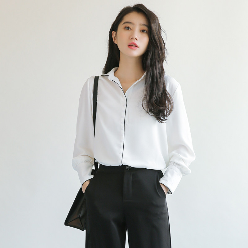 White shirt women's loose long-sleeved spring and summer new Korean version chic lapel simple student top V-neck all-match thin lining