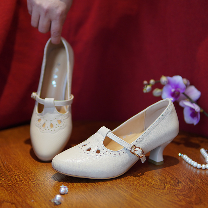 Genuine Leather, Ultra-Soft, French Vintage Style, Hollow-Out Soft Sheepskin, Republic of China Era Wine Glass Heel, Round Toe, Mary Jane Style, Single Strap, Cheongsam Shoes