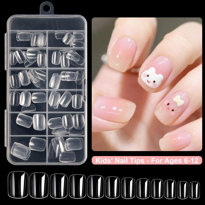 Children's Wearable Nail Tips, Transparent Seamless Full-Cover Short Practice Fake Nails, Anti-Nail-Biting, Nail Salon Quality
