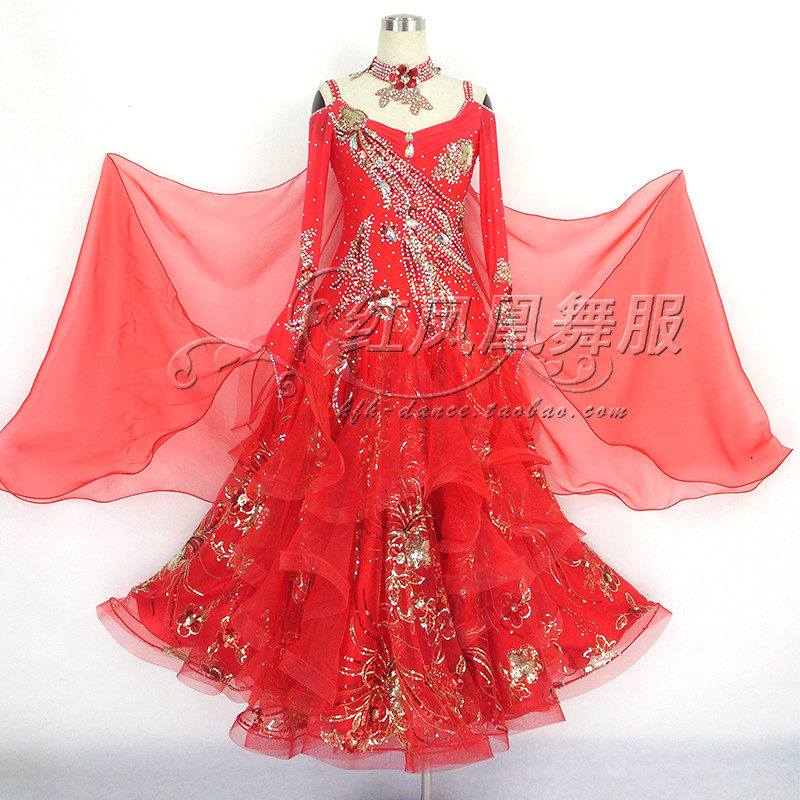 Red Phoenix Custom Upscale Fancy Flowers Morden Dance Dress Competition Dress National Mark Dance Dress Performance Suit Big Swing Dress BR09