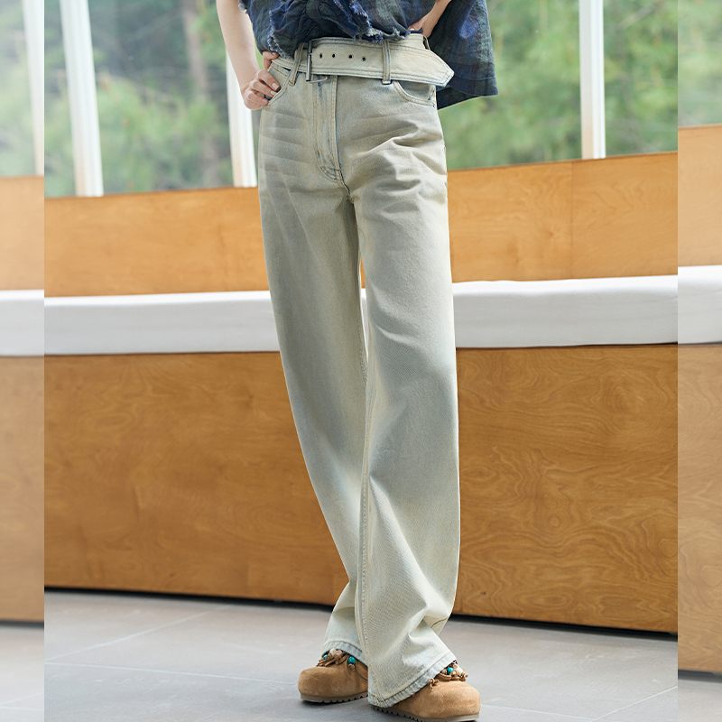 Huhoo 100% Cotton Jeans with Mud-Dyeing Process, Wide Waistband, Wide-Leg, Slimming Design, Long Pants