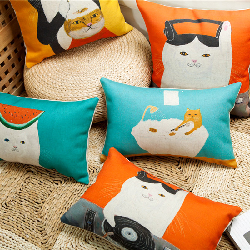 Japanese Pepe Shimada illustration oil painting cat cotton and linen pillowcase sofa by chartered car with cushion nap pillow