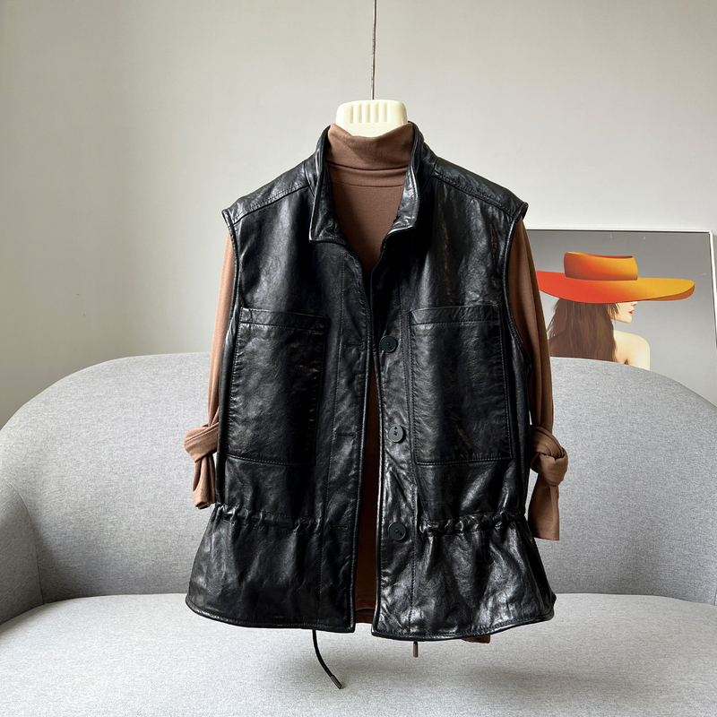 Twisted Style Cartilage Stand-Up Collar Genuine Sheepskin Leather Vest Jacket for Women, New Sleeveless Slimming Drawstring Vest Twisted Style Cartilage Stand-Up Collar Genuine Sheepskin Leather Vest Jacket for Women, New Sleeveless Slimming Drawstring Vest