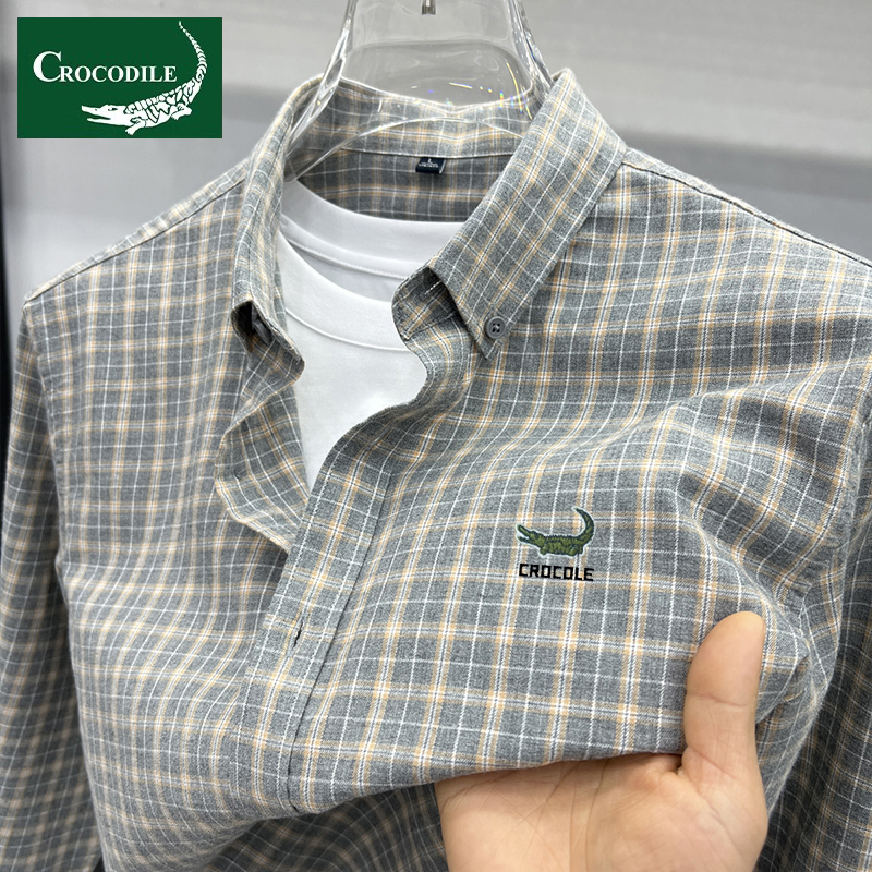 Crocodile Shirt Long-Sleeved Embroidered Shirt Men's 2025 Spring and Autumn Casual Plaid Pure Cotton Shirt Men's Top Jacket