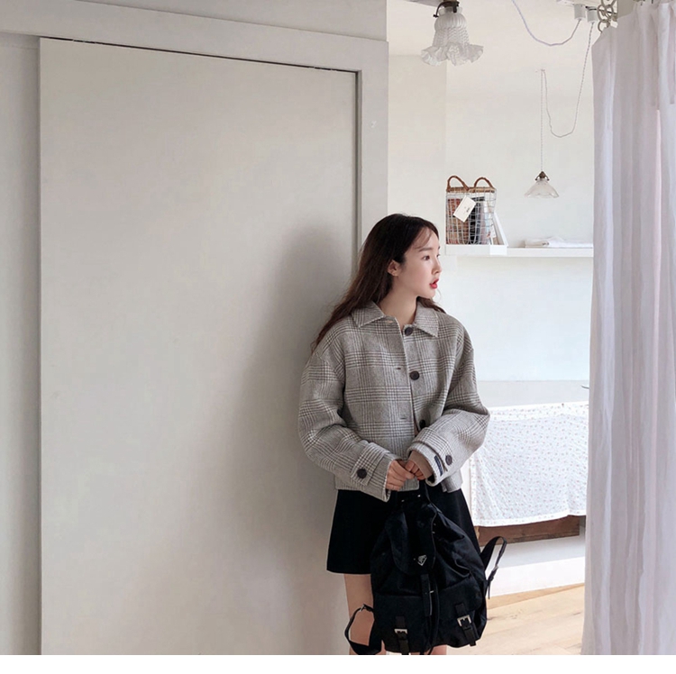 Hàn Quốc ins ma ngựa cô gái chống mùa thu và mùa đông áo hai mặt cashmere nữ nhỏ len len ngắn áo khoác - Accentuated eo áo áo dạ kẻ caro dáng dài
