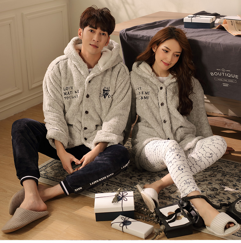 Qingtong san hô nhung đồ ngủ nam và nữ cặp vợ chồng phục vụ nhà mùa thu và mùa đông trùm đầu dài giản dị sang trọng phù hợp bên ngoài mặc bộ đồ mặc nhà mùa hè