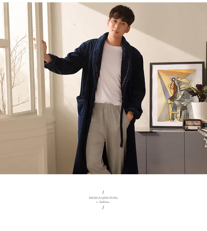 Áo ngủ Qingtong mùa thu và mùa đông flannel đồ ngủ san hô cashmere nam áo choàng tắm dày phần dài dịch vụ nhà shop đồ ngủ cao cấp
