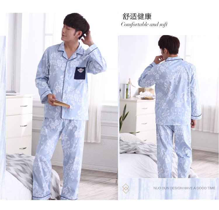 Qingtong của Nam Giới Dài Tay Áo Bông Đồ Ngủ Hàn Quốc Mùa Xuân và Mùa Thu Thanh Niên Cardigan Cotton Casual In Trang Chủ Dịch Vụ Set