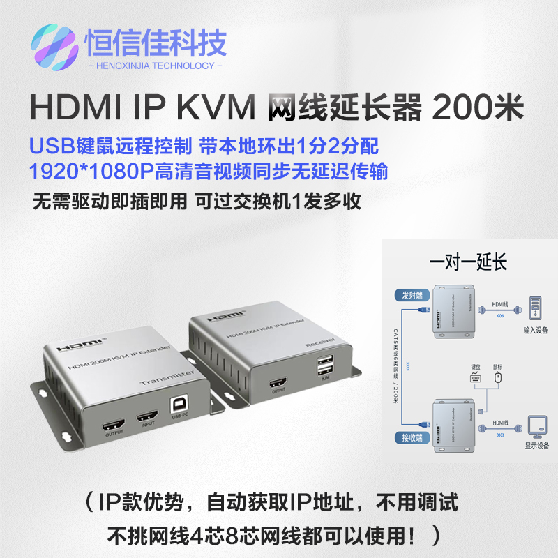 HDMI Kvm Mouse and Keyboard Extender 200m Hd to Ip Network Cable Usb+Hdmi Audio and Video (No Need to Pick a Network Cable)