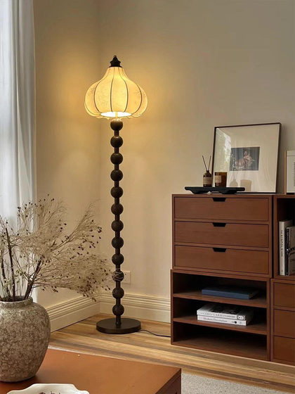 Pear-Shaped Floor Lamp, Antique Solid Wood, Printed Fabric, Living Room Lamp, Song-Style Aesthetic Atmosphere, Main Lamp Next to the Sofa in the Hall