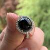 Myanmar natural A-grade jadeite ring black ink jade cabochon loose stone ring S925 silver zircon inlaid buckle