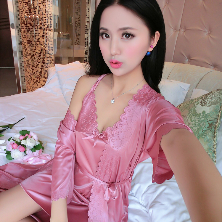 Mùa hè cám dỗ áo ngủ mỏng sexy đồ ngủ ngắn tay nightdress băng lụa hai mảnh phù hợp với mùa hè ladies home dịch vụ