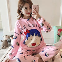 Dễ thương mùa đông ấm áp flannel dịch vụ nhà dày mùa thu và mùa đông san hô lông cừu hai mảnh phù hợp với đồ ngủ dài tay phụ nữ đồ ngủ nữ quần áo ngắn