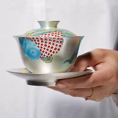16 open cup, gold and silver, fish, silver color, hand-painted, man-made Gaiwan, Sansai bowl, tea set, covered cup, Kung Fu tea bowl