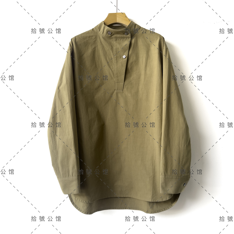 Minimalist Canvas Lightweight Cotton Vintage Stand Collar Asymmetrical Placket Loose Fit Shirt