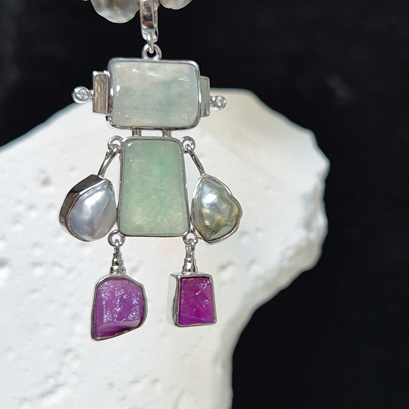 Special Offer: Natural Seawater Pearl Without Nucleus, Worry-Free Australian White Keshi Mixed with Jade, Sugilite Robot Silver Pendant