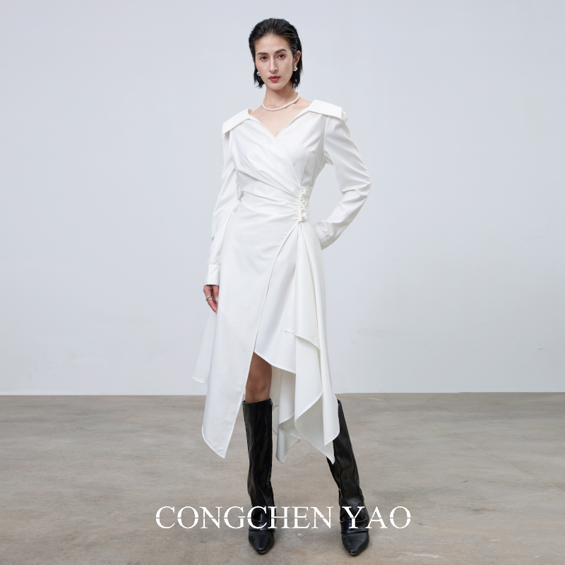 Congchenyao Spring and Autumn New Style Elegant Waist-Cinching High-End Irregular Skirt V-Neck Long Sleeve Dress for Women