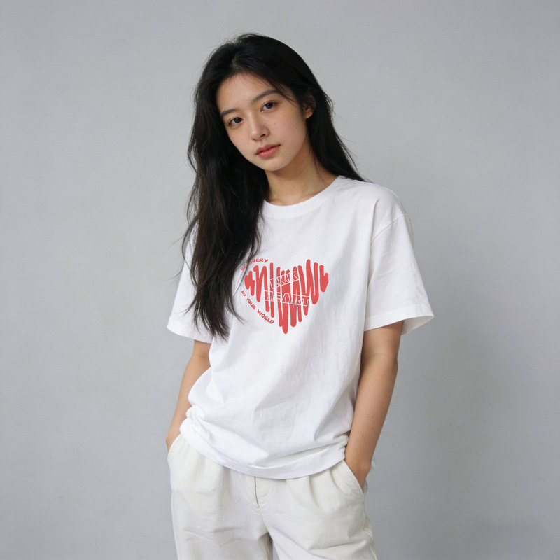 Summer Pure Cotton Heart Letter Print Short-Sleeved T-Shirt for Women, White Loose-Fitting Cotton Round-Neck Student Top That Looks Slimming