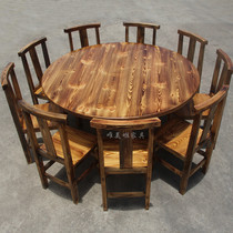 Full Wood Log Hotel Round Table Hotel Cafeteria Large Row Stalls Commercial Roundtable Dining Table Retro Table Chairs