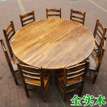  Commercial carbon-burned pine dining table and chair Solid wood carbonized hotel dining table dining chair Fast food restaurant food stall Restaurant large round table