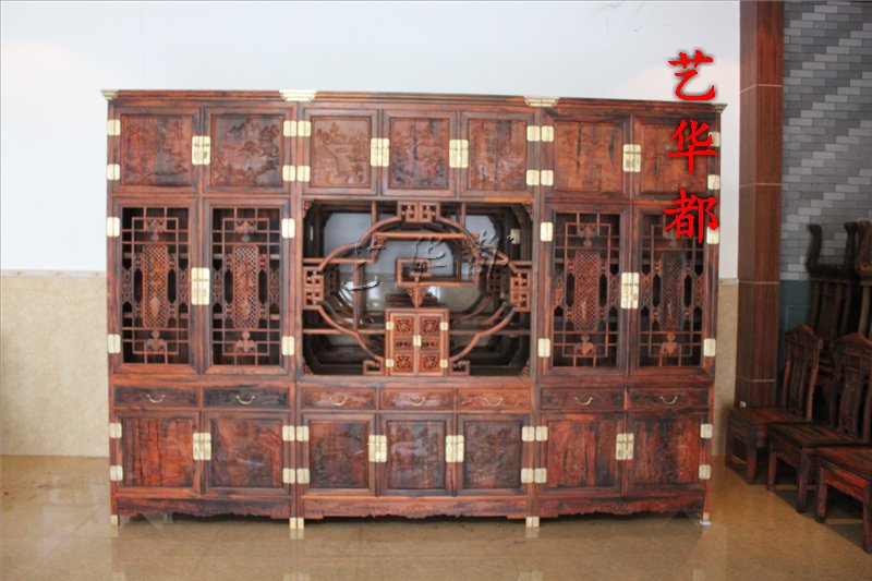 Toenails yellow sandalwood all red wood furniture Lao acid branches bookcase bookcase Three combinations plus high solid wood bookcase