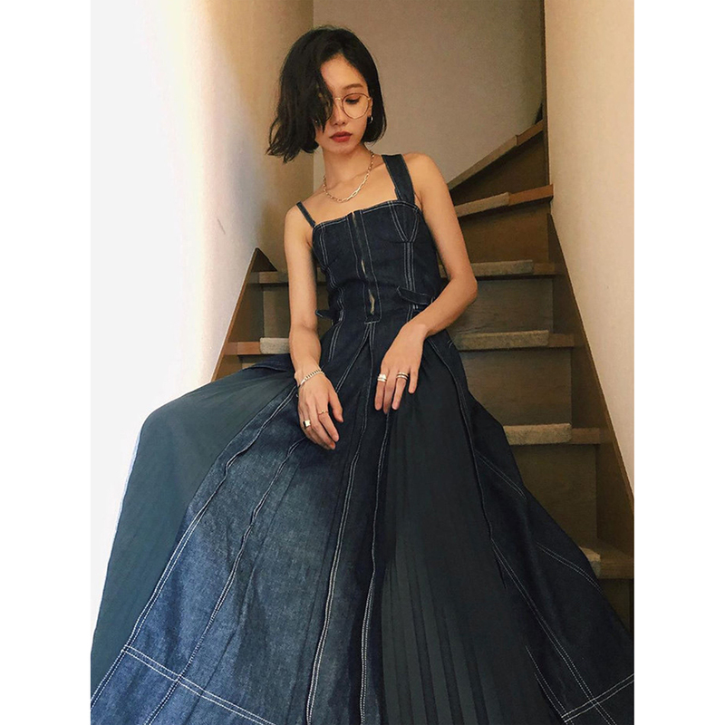 Yamanashi, Japan, Japanese Niche Retro Design Patchwork Denim Pleated Sleeveless Suspender Dress Denim Skirt