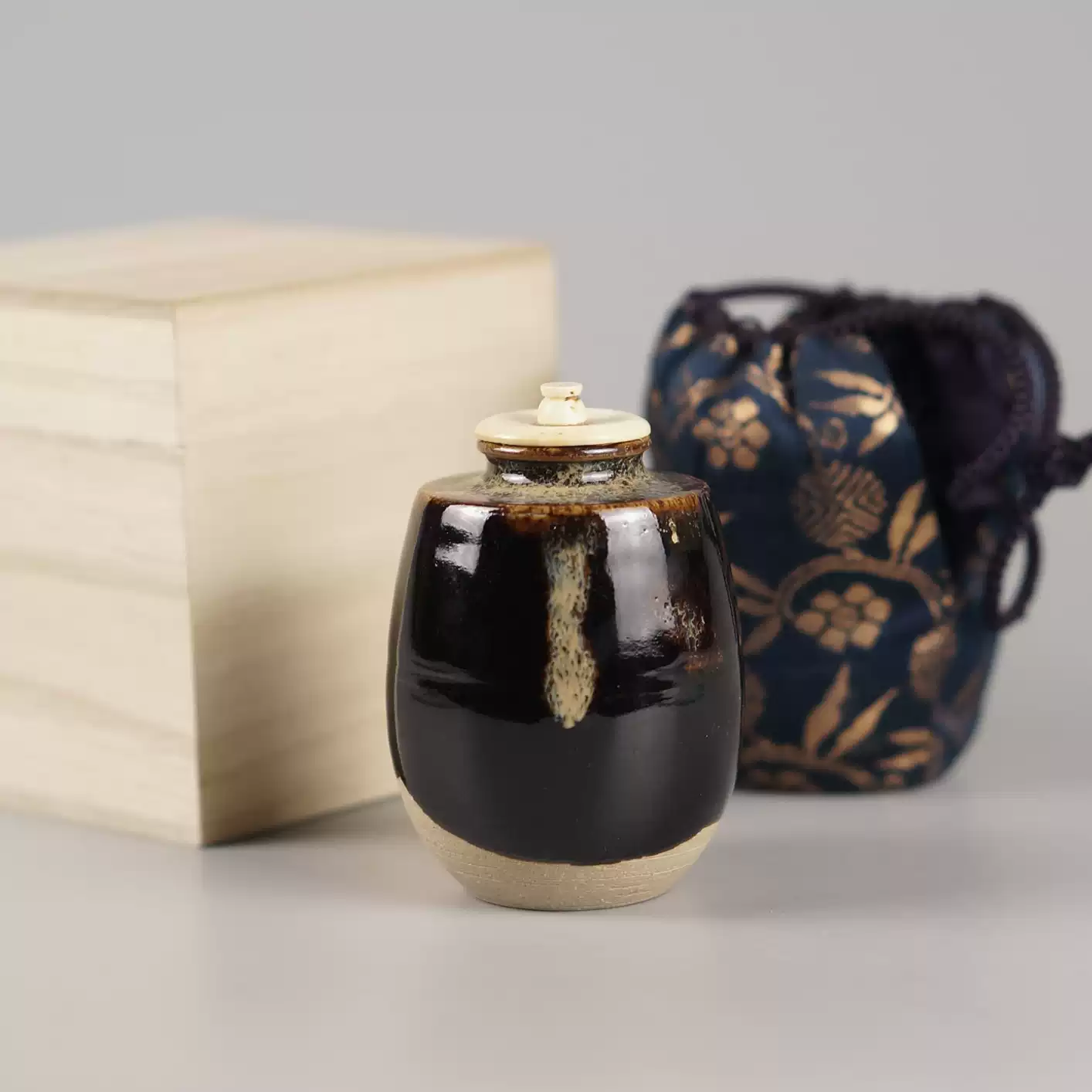 日本备前烧文琳茶入木村陶峰作陶制柴烧茶叶罐日式茶道具点茶器